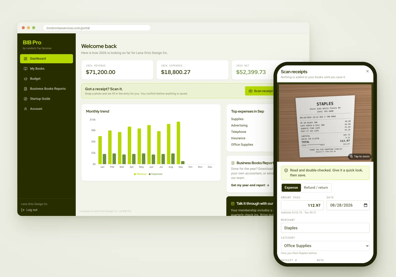 The BIB Pro portal: a dashboard of money in and out on a laptop, and a receipt being scanned on a phone